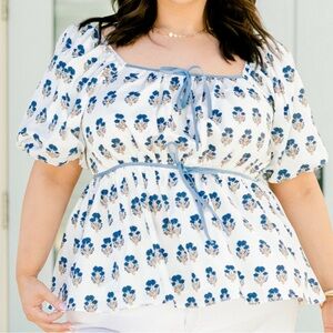 Altar'd State White Mini Top with Blue Floral Print